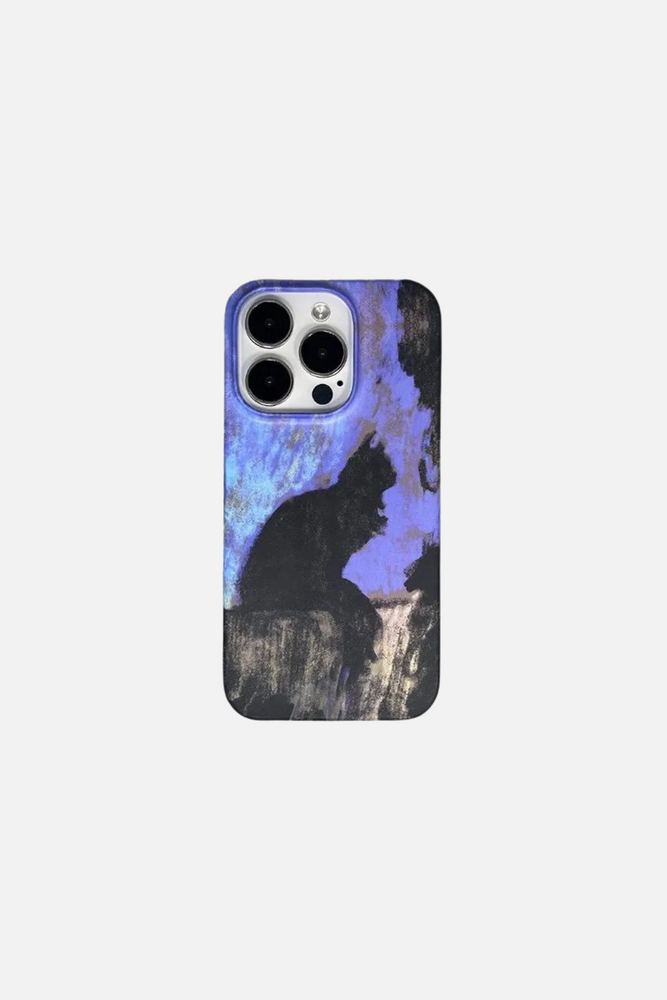 Oil Painting Black Cat Blue iPhone Case