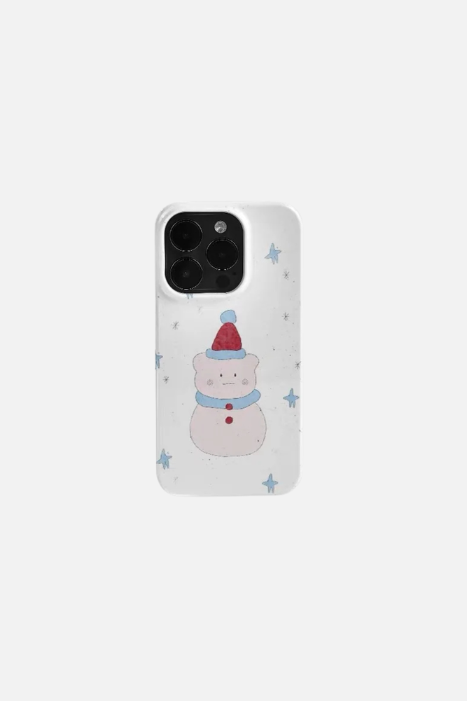 Phone case with a cartoon snowman design on a white background